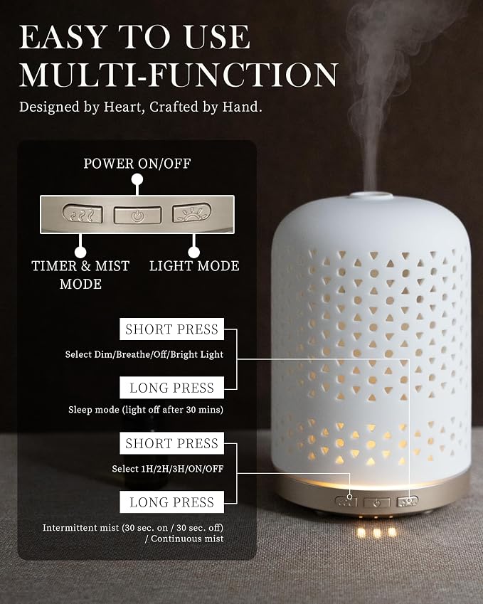 Onaboviva Essential Oil Diffuser, 2.4MHz Ultrasonic Cool Mist Aromatherapy Diffusers for Large Room, Ceramic Diffusers Decorative Aroma Diffuser, Quiet Air Diffusers for Home, Yoga, Spa, Room Decor