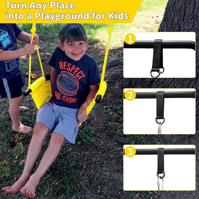 Hi-Na Kids Swing Seats Indoor Hand-Made with Adjustable Rope, Outdoor Tree Child Swing Seat for Backyard, Playground, Outside, Yellow, Polyester