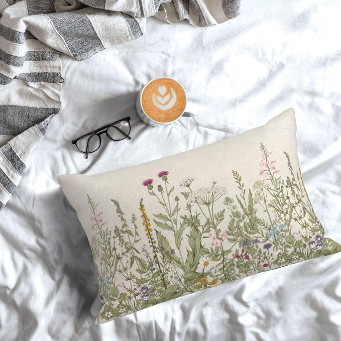AEIOAE Sage Green Pillow Covers 12x20 Inch Set of 2, Spring Wildflower Plant Throw Pillows Case,Seasonal Floral Outdoor Decorative Flowers Farmhouse Decor Cushion Covers for Home Sofa Bed Couch