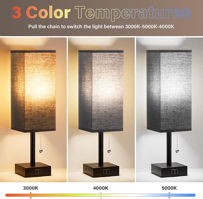 Fenmzee Black Table Lamps for Bedroom Set of 2 - Nightstand Lamp with AC Outlet Charging Port, 3 Color Temperatures Desk Light with Bulb, Small Tabletop Reading Lamp for Living Room/Dorm/Office