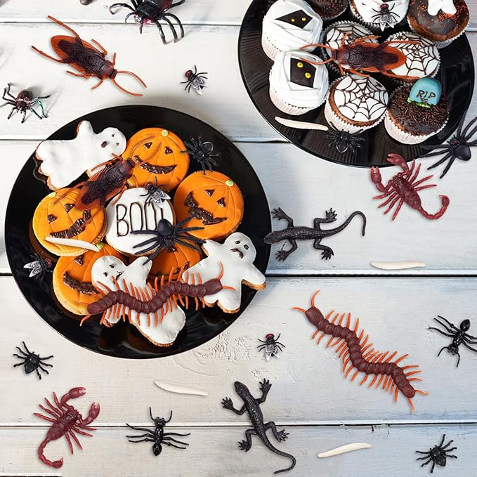 130 PCS Realistic Plastic Bugs Trick Toys, 9 Types Prank Fake Insects Cockroaches Spiders Centipedes Scorpions for Halloween Party Fools' Day Decorations