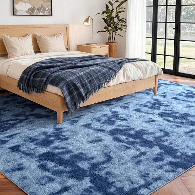 FinRèc 6x9 Washable Area Rugs for Bedroom Living Room, Low Pile Thin Ultra Soft Shag Rug, Non-Slip Carpet Indoor for Home Decor (Tie-dye Teal)