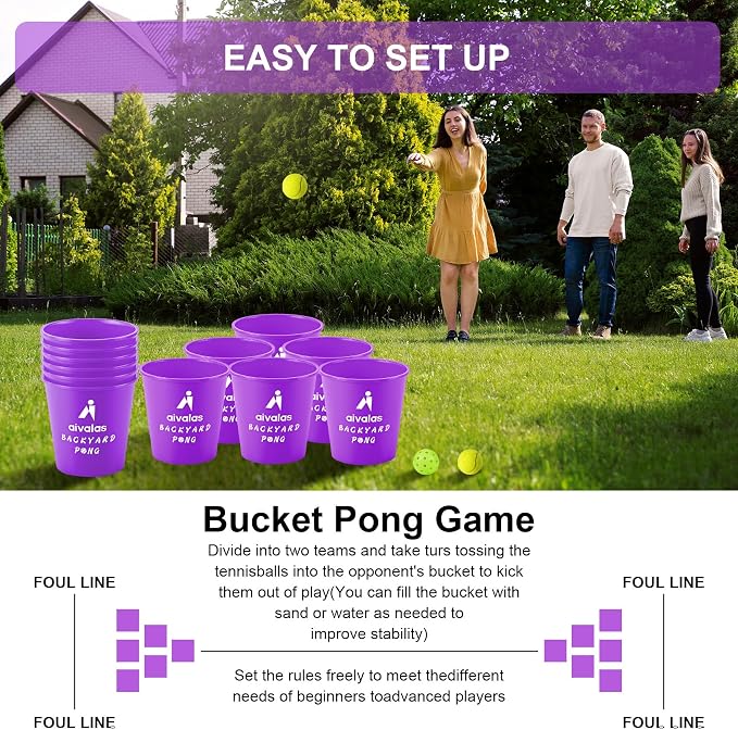 Aivalas Yard Pong Outdoor Games, Giant Yard Games Set with 12 Buckets and Balls for Adults and Family, Toss Game Throwing Games for Beach, Camping, Lawn and Backyard