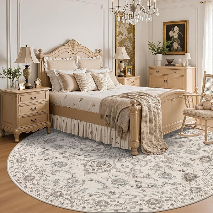 Round Area Rug for Living Room: 6ft Washable Vintage Boho Soft Thin Circle Rug Indoor Floor No Slip Stain Resistant Carpet for Bedroom Dining Room Farmhouse Nursery Home Office - Brown Beige