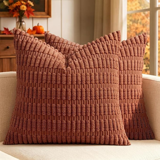 MIULEE Fall Decorative Throw Pillow Covers 12x12 Dark Rust Pack of 2 | Terracotta Soft Corduroy Boho Striped Pillow Covers Modern Farmhouse Autumn Home Decor For Sofa Living Room Couch Bed