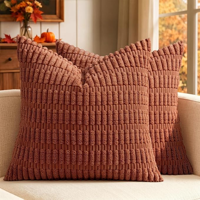 MIULEE Fall Euro Corduroy Decorative Throw Pillow Covers 24x24 Dark Rust | Pack of 2 Sham Terracotta Soft Boho Striped Pillow Covers Modern Farmhouse Autumn Home Decor For Sofa Living Room Couch Bed