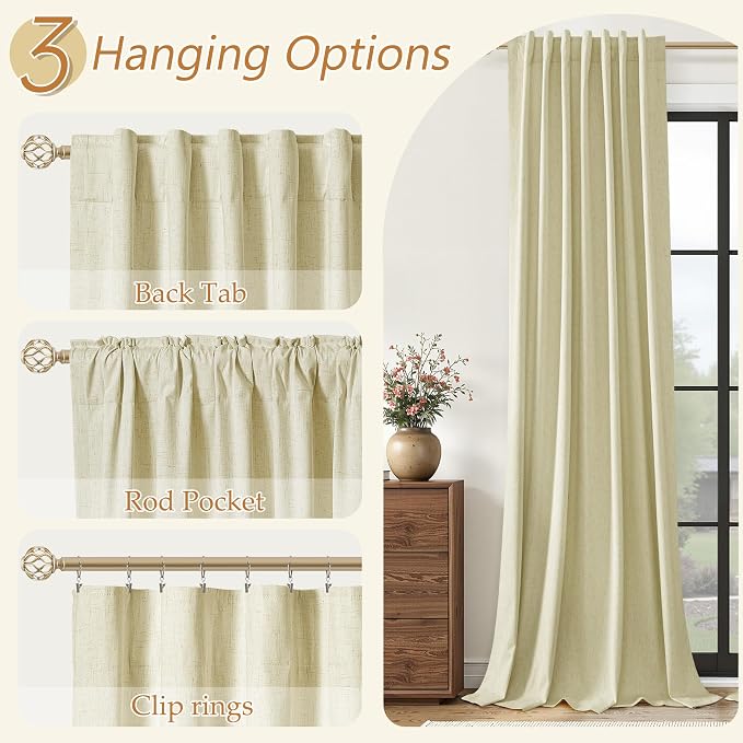 Guken 100% Blackout Linen Curtains for Bedroom 90 inches Long, Thermal Insulated Room Darkening Black Out Drapes for Living Room, Back Tab Rod Pocket 2 Panels Set,Cream Yellow,52x90