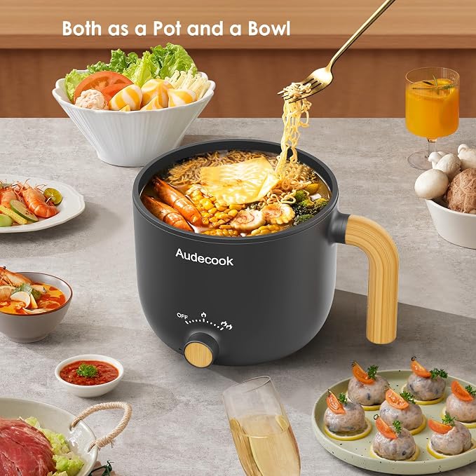 Audecook Hot Pot Electric with Steamer, 1.5L Portable Nonstick Rapid Noodles Cooker, Travel Electric Skillet with Dual Power Control for Ramen/Pasta/Soup/Steak/Egg/Oatmeal (Black)