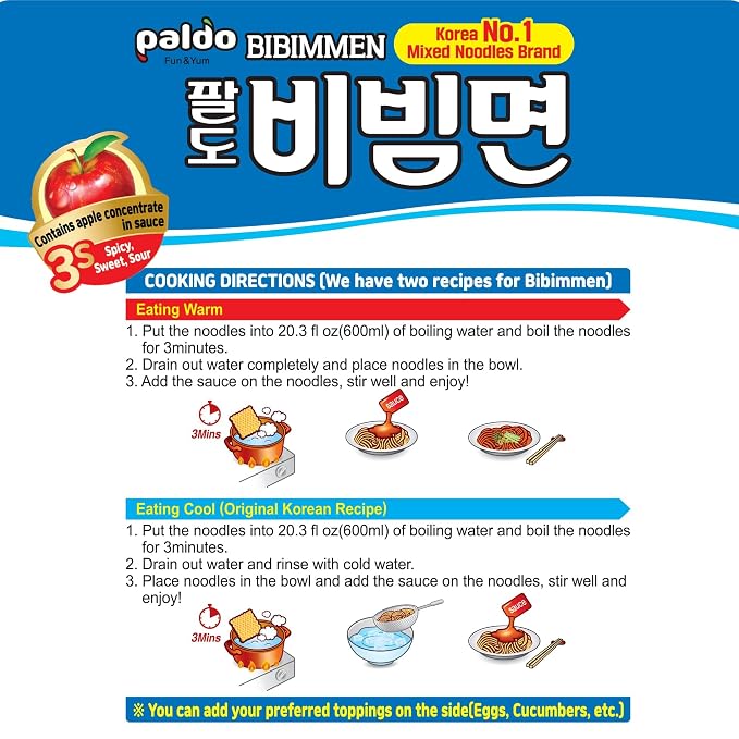 Paldo Fun & Yum Bibim Men Instant Cold Noodles, Pack of 5, Brothless Cold Ramen with Sweet & Spicy Seasoning Sauce, Oriental Style Korean Ramyun, Soupless K-Food, (130g, Pack of 5)