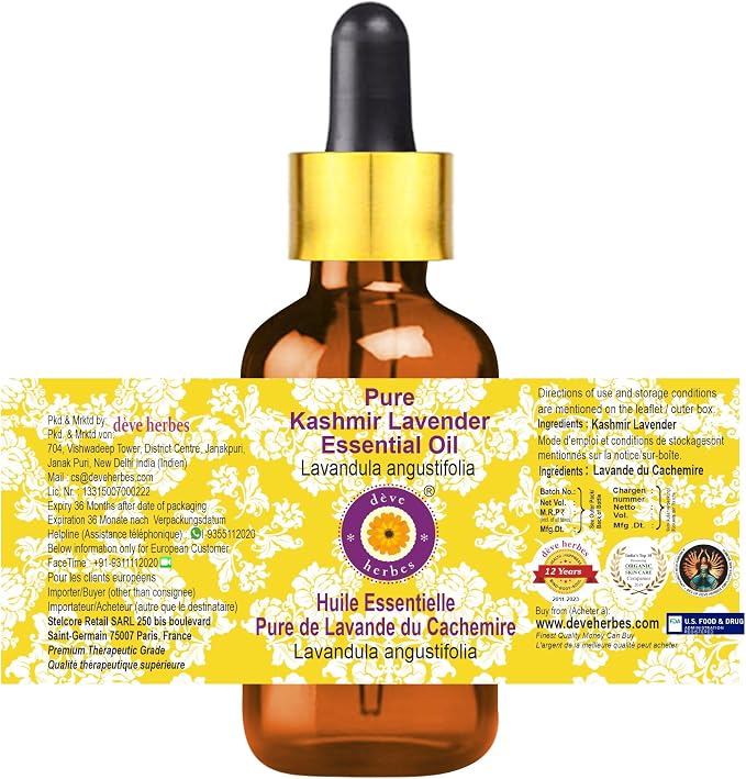 Deve Herbes Pure Kashmir Lavender Essential Oil (Lavandula angustifolia) with Glass Dropper Steam Distilled 15ml (0.50 oz)