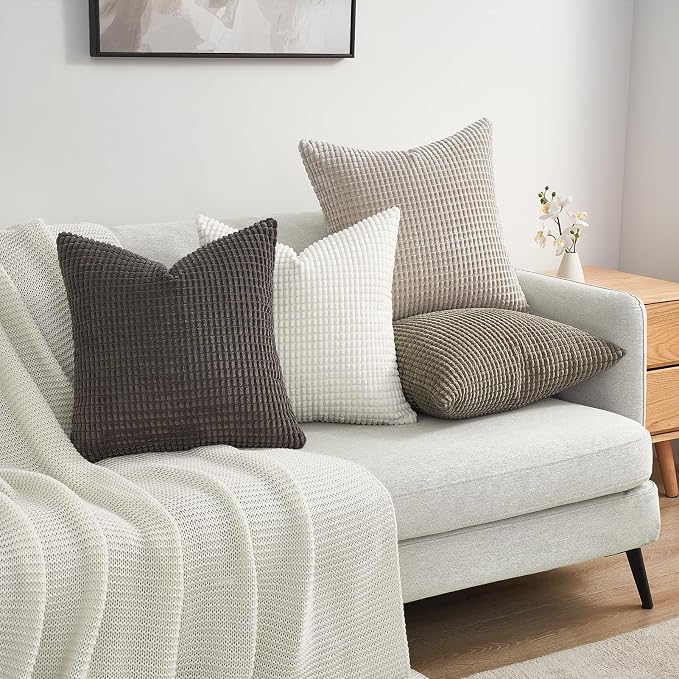 Topfinel Fall Pillow Covers Set of 4,Soft Corduroy Boho Strip Textured Neutral Grey Pillow Covers,Modern Farmhouse Cute Autumn Home Decor Gray Living Room Sofa Couch Bed 40x40 cm
