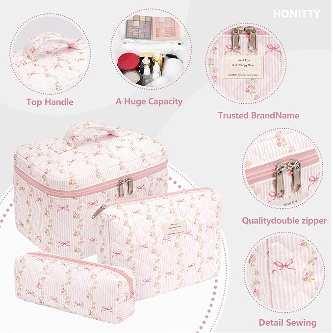 honitty Makeup Bag,Quilted Cosmetic Bags,Large Floral Make Up Organize bag,Makeup Bag Set for Women,Flower Travel Toiletry Bag