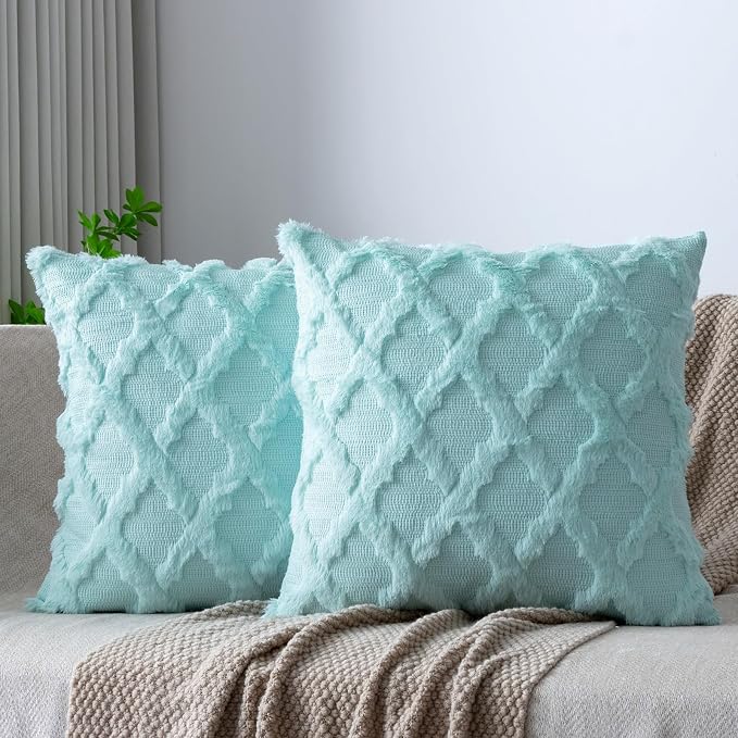 Set of 2 Soft Moroccan Throw Pillow Covers 20x20 Inch Plush Boho Decorative Pillow Cover Accent Cushion Case for Couch Sofa Bed, Light Aqua