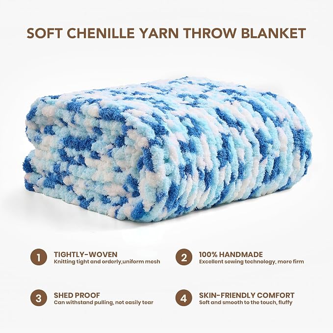 L'AGRATY Chunky Knit Throw Blanket for Couch, 50 x 60 Inches, Blue White | Handmade Chenille Crochet Blanket for Sofa Bed, Thick Cable Knitted Blankets for Room Home Decor, Birthday Gift for Women Mom