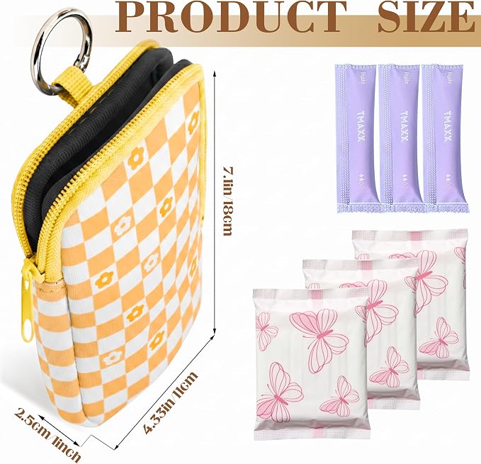2 Pack Portable Tampon Holder Zippered Pouch with Snap Hook, Waterproof Travel-Friendly Discreet Period Bag, Feminine Products Organizer for Women Purse (Flower Plaid)