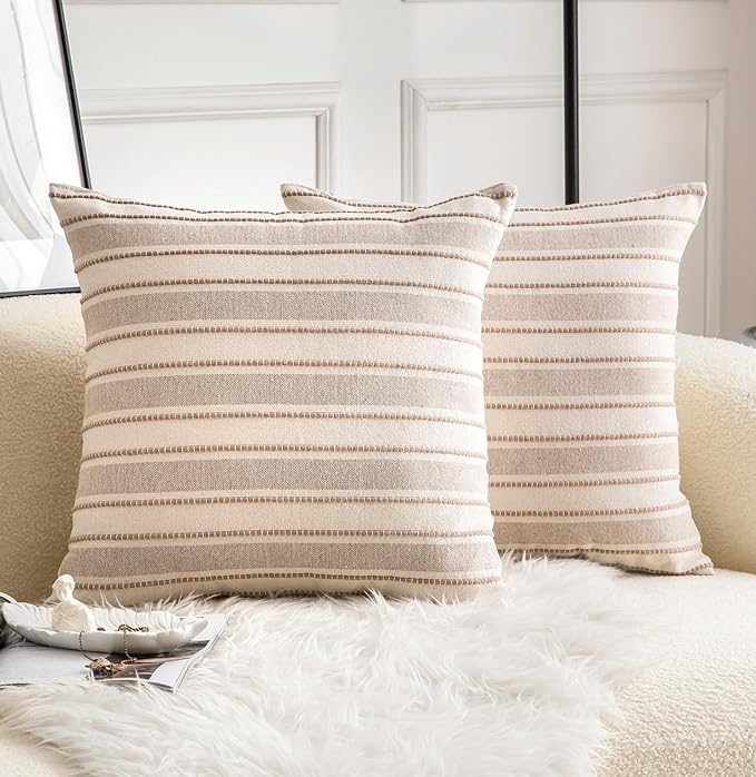 Cethom Decorative Boho Throw Pillow Covers, Farmhouse Textured Pillow Case, 18 x 18 Inch Set of 2, Chair Sofa Bedroom Living Room Home Decor Couch Cushion Case, Taupe and Beige Striped