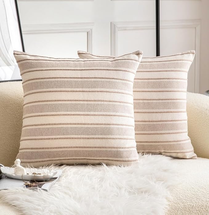 Cethom Decorative Boho Throw Pillow Covers, Farmhouse Textured Pillow Case, 22 x 22 Inch Set of 2, Chair Sofa Bedroom Living Room Home Decor Couch Cushion Case, Taupe and Beige Striped