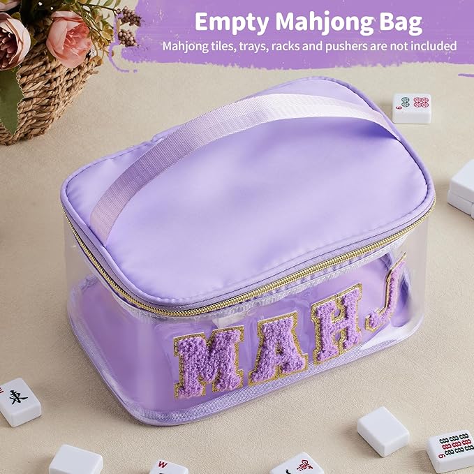 Handheld Mahjong Tile Bag, PVC Clear Mahjong Bag for 166 American Mahjong Tiles, Waterproof Mah Jong Case with Zipper & Lettters for Game Lover Gift Travel, Case Only(Purple)