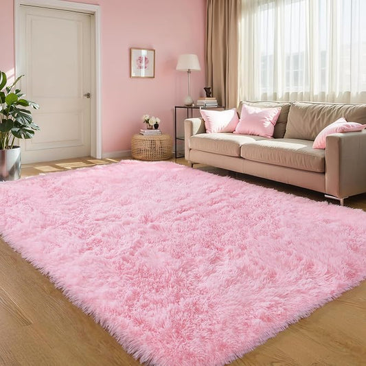 6x9 Pink Shag Rug for Girls Bedroom, Soft Plush Fluffy Carpet | Area Rug for Living Room, Nursery, Kids Dorm Room, Machine Washable Non Slip Shaggy Carpet