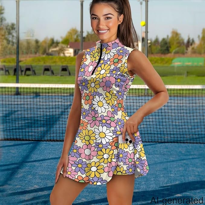 Golf Dress Tennis Dresses for Women with Built in Shorts and Pockets Sleeveless Athletic Dress Workout Dress