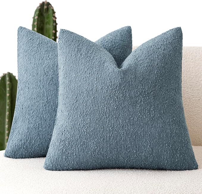 Foindtower Set of 2, Decorative Textured Boucle Throw Pillow Covers Accent Solid Pillow Cases Neutral Cozy Couch Cushion Case for Chair Sofa Bedroom Living Room Home Decor 24x24 Inch Misty Blue