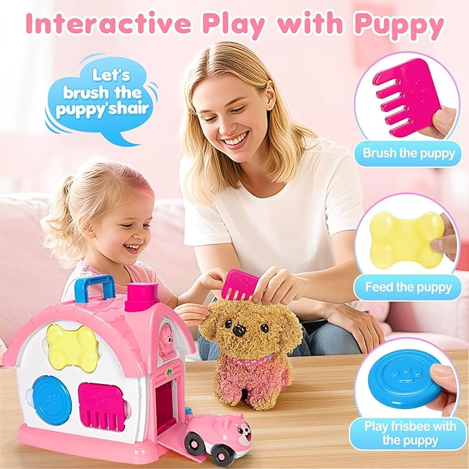 Montessori Toys for 1 2 3 Year Old Girl Gifts, Baby Musical Toys 12-18 Months, 10 in 1 Bilingual Learning Toy with Sound Light, Pretend Toy with Plush Puppy, First Birthday for Toddlers
