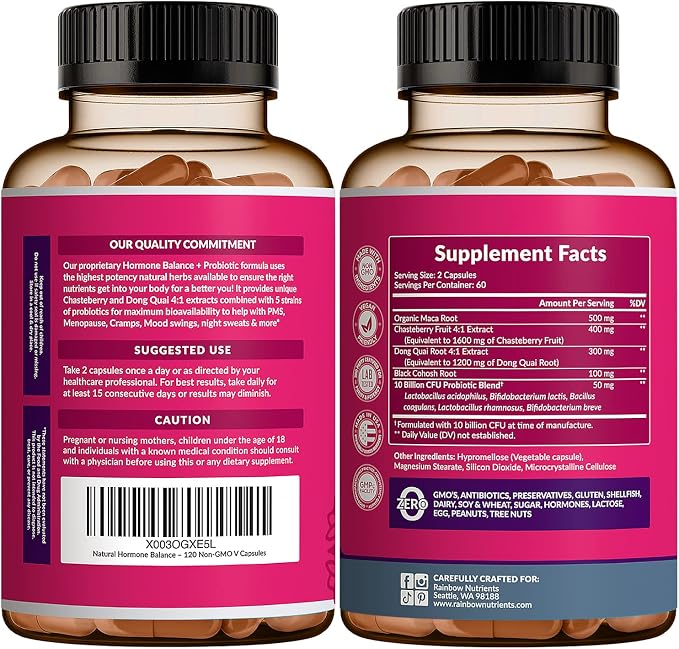Hormone Balance + Probiotics for Women- Natural Menopause Relief, Weight Management, Bloating, Hot Flashes, PMS | Organic Maca, Chasteberry, Dong Quai & Black Cohosh | Non GMO |120 V Capsules | All Natural, NON GMO, Made in USA