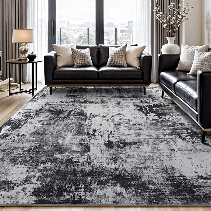 Rugflix 6x9 Area Rugs for Living Room, Washable Black Grey Dark Large Rug | Machine Washable; Stain-Resistant; Low Pile; Non-Slip; Modern Abstract; Carpet for Bedroom Dining Office Nursery Home