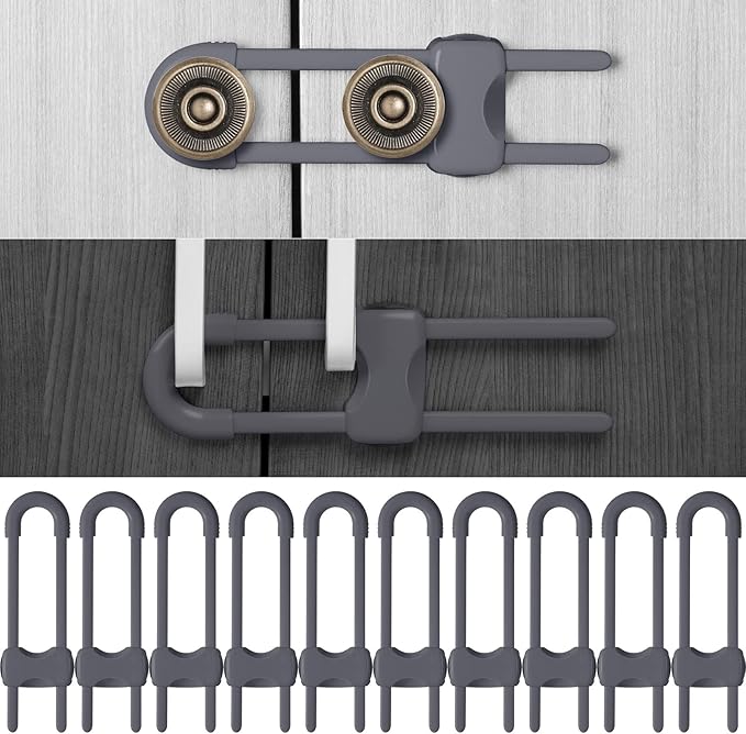 Jetec 10 Pack Baby Cabinet Locks, No Adhesive No Drill Child Safety Locks for Cabinets with Knobs or Handles, Adjustable U-Shaped Child Proof Latches for Cupboards, Fridge, Closet, Pets(Gray)