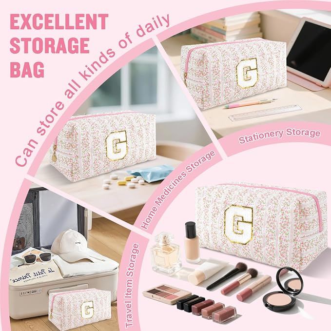 Personalized Quilted Cosmetic Bag, Puffy Monogrammed Christmas Birthday Gifts for Women & Girls, Cute initial Floral Makeup Bag Puffer Coquette Bag, Aesthetic Travel Toiletry Zipper Pouch(Pink,G)