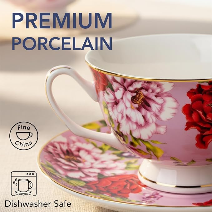 BTaT- Floral Tea Cups and Saucers, 8 oz, Set of 6 | Fine Porcelain Teacup Set with Gold Trim for Afternoon Tea Weddings Parties Gifting Dishwasher Safe Lightweight Non Toxic