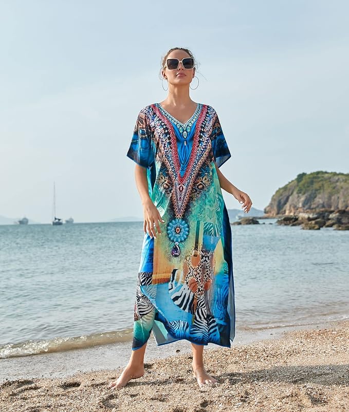 Venasha Womens Caftan Floral Print Kaftan Dress Short Sleeve Swimsuit Cover up Loungewear for Summer