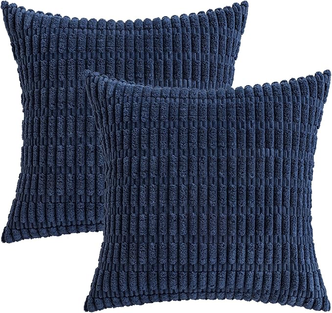MIULEE Corduroy Decorative Throw Pillow Covers 20x20 Navy Blue Pack of 2 | Soft Boho Striped Pillow Covers Modern Farmhouse Coastal Home Decor For Sofa Living Room Couch Bed