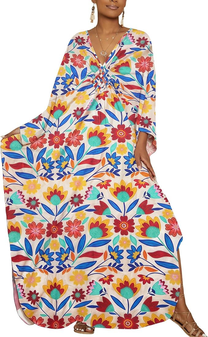 Bsubseach Kaftan Dresses for Women Floral Print Plus Size Beach Cover Up | Lightweight V Neck Loose Fit Boho Dress, Batwing Sleeve Side Slit, Moo Moos for Women Home Loungwear Cruise Resort Wear