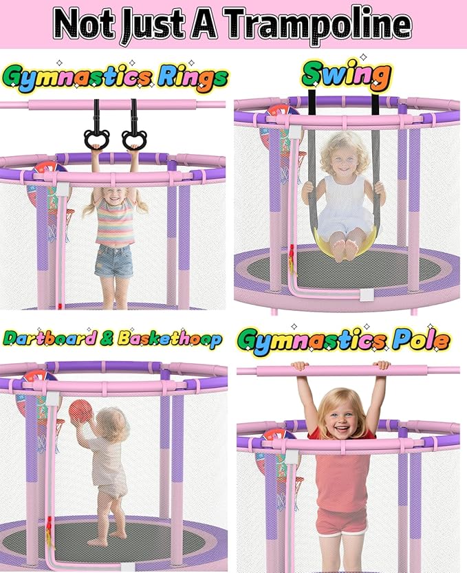 60" Trampoline for Kids, 5ft Toddler Mini 6-in-1 Trampoline Indoor Outdoor with Swing, Basketball Hoop, Dart Board, Rings, Christmas Toys Birthday Gifts for Girls Boys
