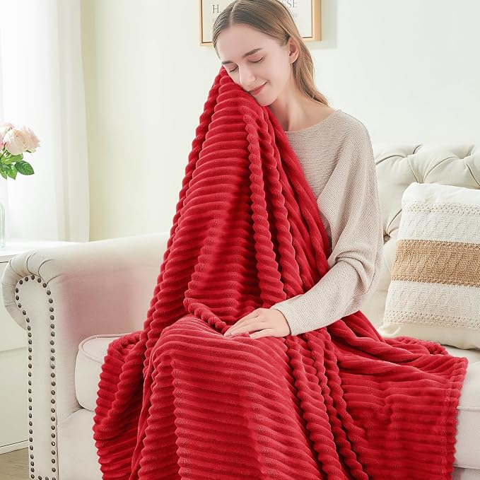 BEDELITE 3D Ribbed Jacquard Red Fleece Twin Blanket for Bed, 60x80 Inch | Soft Warm Decorative Fluffy Blanket, Cozy Plush Lightweight Fuzzy Throw Blanket for Couch Sofa Room Decor, Gift for Women