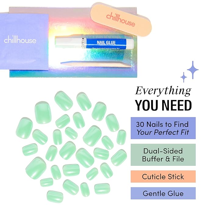 Chillhouse - Chill Tips, Press on Nails Kit - Matcha Mama (Square - Short) - 30 Nail Shapes & Sizes - Up to 2 Weeks of Wear - Customizable - Reusable - Latina Founded, Women Owned - Beauty & Self Care
