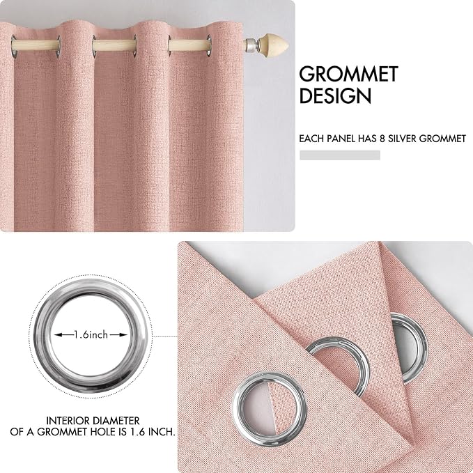 MIULEE 100% Blackout Linen Curtains for Bedroom Thermal Insulated Blush Pink Grommet Room Darkening Curtains & Drapes for Living Room 52 x 96 Inch (2 Panels)