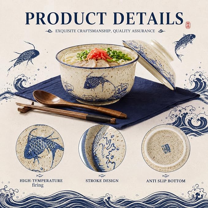 LemonRoad 4 Pack 25oz Japanese Dinnerware Set Ceramic Ramen Bowl with Lid Microwavable with Chopsticks and Spoon Korean Soup Bowl Clay Pot for Noodle Rice Porridge(Fish)