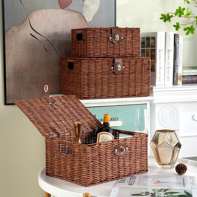 Set of 3 Woven Wicker Storage Basket Box with Lids & Lock, Built-in Carry Handles, Multifunctional Storage Organizer for Nursery, Baby, Toys, CLoset, DVD Large/Medium/Small Size (Natural)