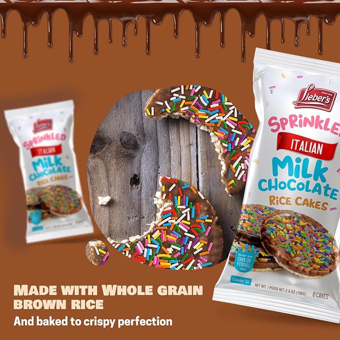 LIEBERS Sprinkled Topped Milk Chocolate Rice Cakes, Kosher Certified Dairy, Gluten Free Snack (pack of 3)