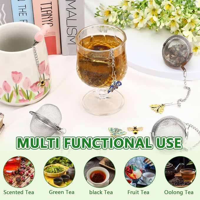Set of 6 Tea Infuser for Loose Leaf Tea with Butterfly and Bee Charm Pendant, 304 Stainless Steel Tea Ball for Brew Fine Loose Tea and Spices & Seasonings