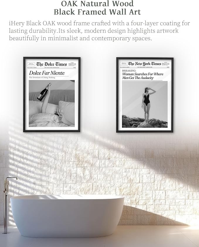 iHery 12x16in Where Men Get the Audacity Framed Newspaper Wall Art | Black Natural OAK Wood Frame with Canvas Print, Funny Magazine Decor for Bathroom Bedroom Girl Dorm Living Room, 1Pack