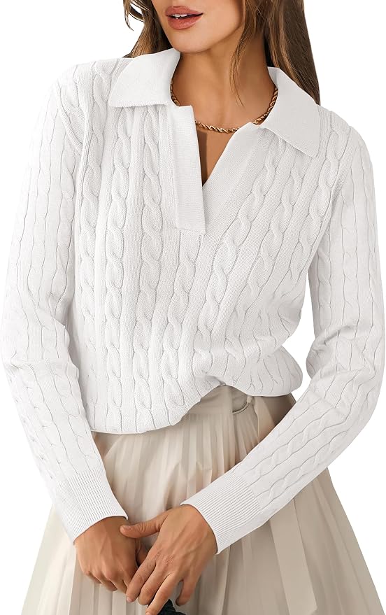ANRABESS Womens Cable Knit Sweaters Long Sleeve V Neck | Pullover Collared Sweater Tops, Polo Knit Shirts, Business Casual Work, Tennis Golf, Fall Winter Fashion Outfits