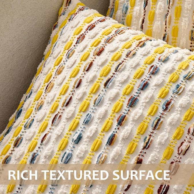 ANRODUO Boho Decorative Pillow Covers Yellow Cream 18x18 Inch Set of 2 | Chenille Tufted Pillow Covers, Woven Throw Pillow Covers with Raised Stripes, Neutral Pillowcase for Couch Sofa Living Room