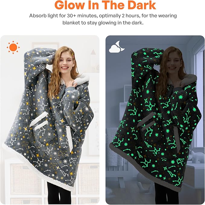 Giggling Getup Wearable Blanket Hoodie for Adults Gifts for Teen Girls Sister Women Sherpa Fleece Printed Hooded Blanket Sweatshirt Warm Cozy with Pocket & Sleeves Grey Glowing Stars