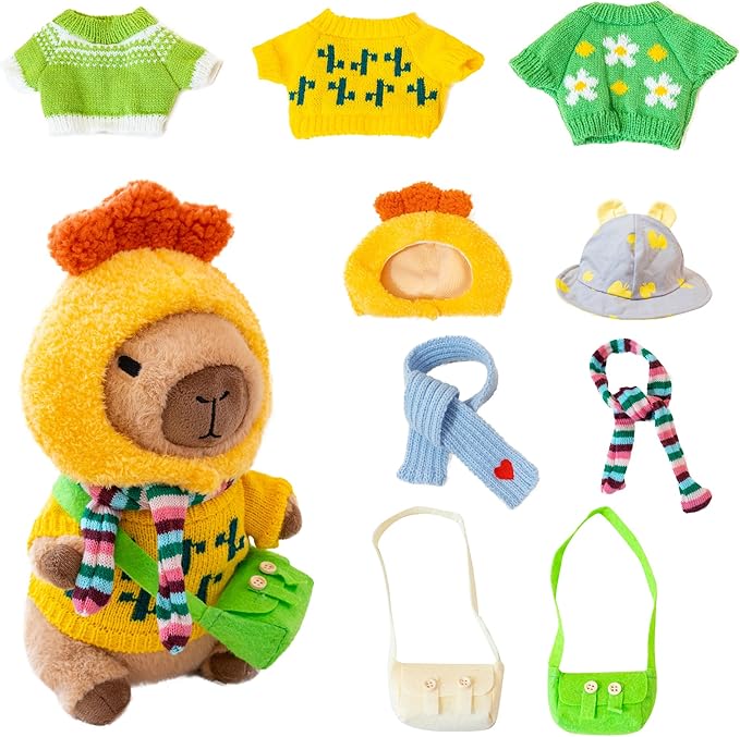 Capybara Plush with 10 Pcs Clothes & Accessories,Christmas Stuffed Animals, 10.2 in Cute Capybara Plush Toys,Birthday Gifts&Dress Up Cute Plushies for Boys/Girls (Chicken-B)