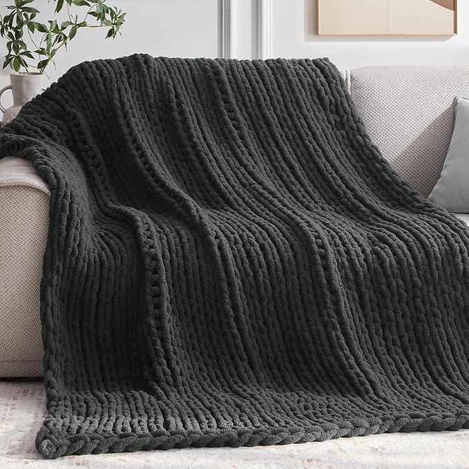 Negwoo Chunky Knit Throw Blanket, Knitted Throw Chenille Yarn, 50"*60" | Soft Thick Cable Knitted Blankets, Handmade Big Thick Blanket, Machine Washable Cute Comfy Blanket for Home Decor, Dark grey