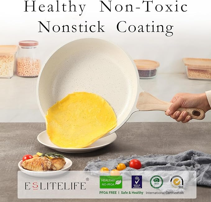 ESLITE LIFE Nonstick Ceramic Frying Pan Skillet with Lid, Non-Toxic Egg Omelette Kitchen Cooking Pans Compatible with All Stovetops (Gas, Electric & Induction), PTFE & PFOA Free (White, 9.5" w/Lid)