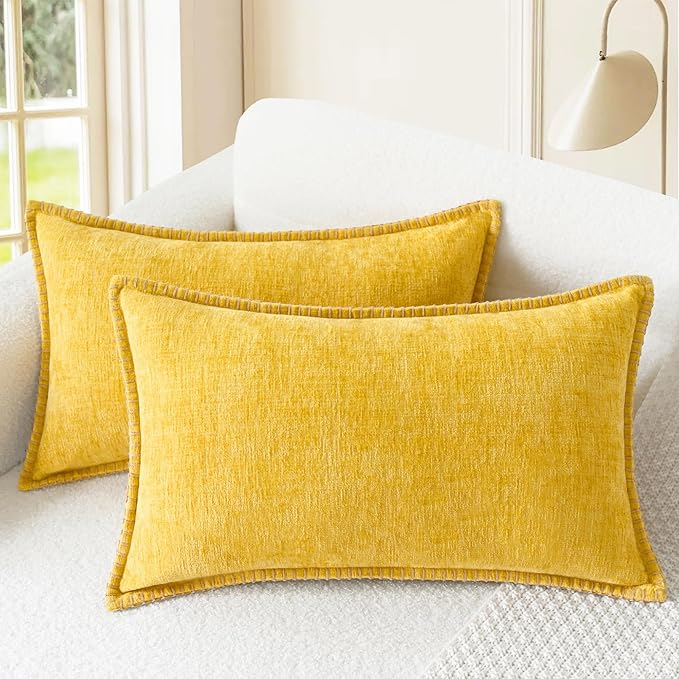 CaliTime Decorative Throw Pillow Covers 20 X 12 Inches Mustard Yellow | Pack of 2, Cozy Chenille Cushion Cases, Cotton Thread Stitching Edges, for Couch Sofa Bed Living Room Farmhouse